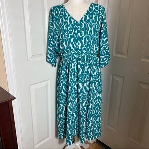 Girl With Curves Caftan Dress PM Teal White Ikat V-Neck Elastic Waist Midi New